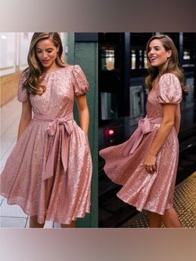 Gal Meets Glam pink sequin midi dress with bow